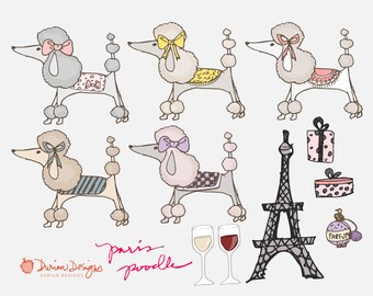 Paris poodles clipart commercial use, Parisian dogs clip art, France, pink and black, perfume, Eiffel tower, wine, instant download