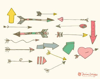 Tribal arrow drawings clipart commercial use, southwest patterns, drawings, heart, hand drawn doodles, colorful arrows, instant download