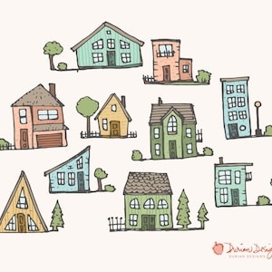 Cute houses clipart commercial use, homes pastel trees neighborhood fences yards hand drawn doodle illustration apartments instant download