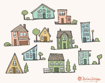 Cute houses clipart commercial use, homes pastel trees neighborhood fences yards hand drawn doodle illustration apartments instant download