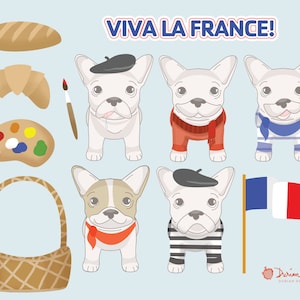 Paris Französisch Bulldogs Clipart kommerzielle verwenden, Französisch Frenchie ClipArt, rot weiß und blau, Mime, Baskenmütze süße Hunde Vektor-sofort-download