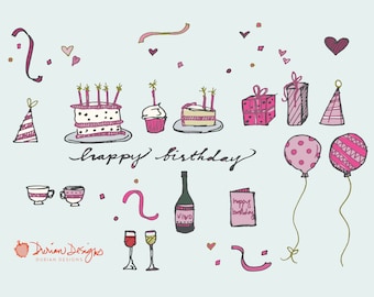 Birthday Party Elegant pink and cream clipart, birthday cake doodles clip art, confetti, balloons, wine and presents, instant download