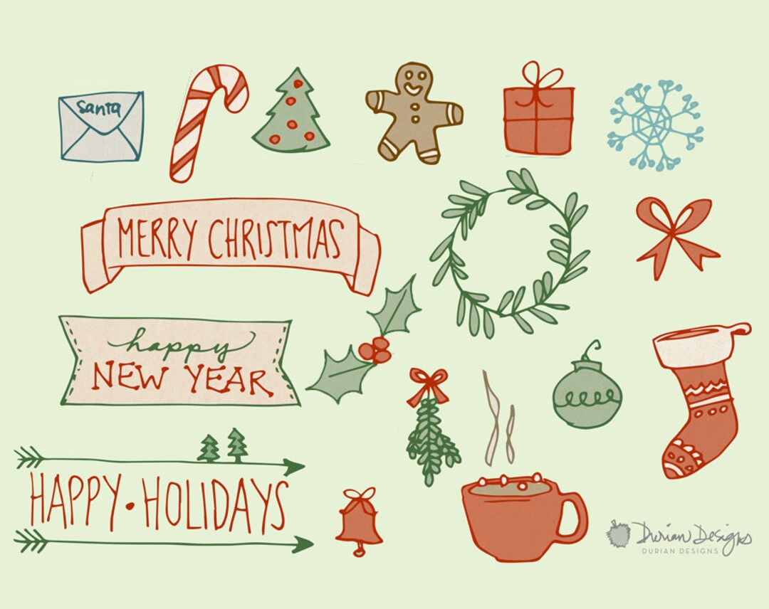 Simple Christmas Line Art, Commercial Use Clipart Royalty Free Clip Art, Red and Green Merry 