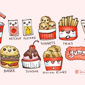 Süße Burger und Pommes frites Clipart kommerzielle verwenden, Fast-Food-Clip-Art, Hähnchen-Nuggets, Ketchup Senf Milchshake Kawaii-sofort-download