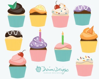 Cute Cupcakes Clip Art commercial use, chocolate vanilla pastry pink frosting birthday dessert clipart, cake images instant downloads