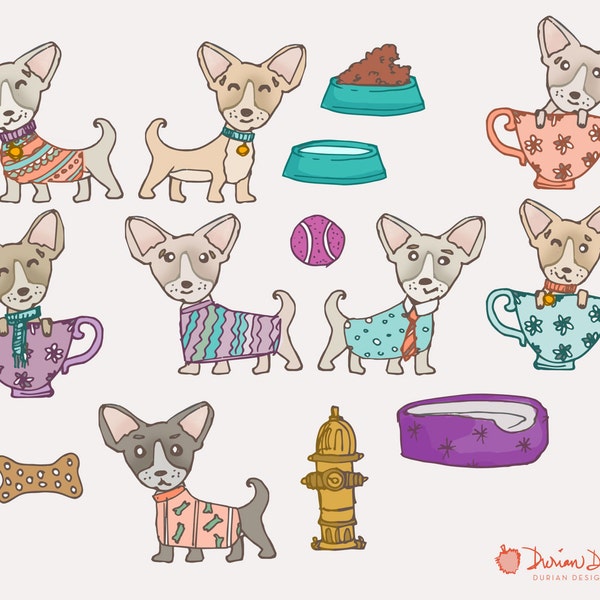 Teacup chihuahua clipart commercial use, cute puppy clip art, water bowl, bone, fire hydrant, hand drawn illustration, instant download