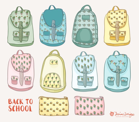 Pastel Cactus Backpack Clipart Commercial Use Book Sack Bag 