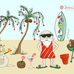 Tropical beach Christmas clipart commercial use, sand snowman, Santa vacation, sunny clip art beach palm trees, surfboard, instant download