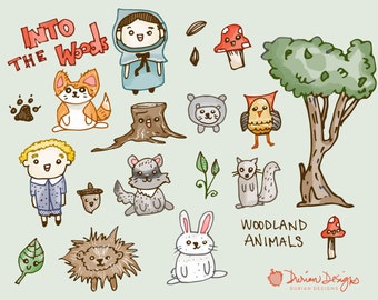 Woodland animals clipart commercial use, girl boy fox rabbit squirrel woods porcupine raccoon bird opossum clip art, instant download