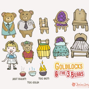 Goldilocks & drie beren clipart commerciële gebruik, fairytale illustraties, kinderen, sprookje, PAP, verhaal hand getrokken, instant download