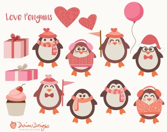 May include: A set of nine adorable penguin illustrations in various poses and outfits, including a penguin wearing a Santa hat, a penguin wearing a scarf, and a penguin wearing a heart-shaped hat. The penguins are all pink, red, and brown. The text "Love Penguins" is at the top of the image.