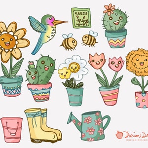 Puede incluir: Un conjunto de coloridas ilustraciones de dibujos animados que representan un colibrí, abejas, flores, cactus y herramientas de jardinería. Las ilustraciones están dibujadas en un estilo caprichoso con colores brillantes y caras felices.