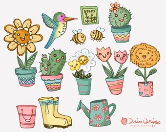 May include: A set of colorful cartoon illustrations featuring a hummingbird, bees, flowers, cacti, and gardening tools. The illustrations are drawn in a whimsical style with bright colors and happy faces.