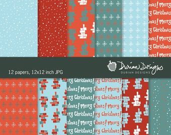 Christmas digital paper commercial use, 12x12 hand-drawn green blue red, instant download