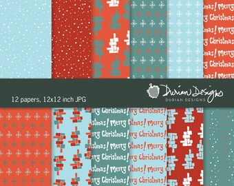 Christmas digital paper commercial use, 12x12 hand-drawn green blue red, instant download
