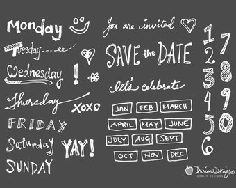May include: White chalk-style lettering on a black background. The text includes the days of the week, the phrase "Save the Date", and the months of the year. There are also numbers from 1 to 60 and the words "You are invited", "Let's celebrate", "XOXO", and "YAY!"
