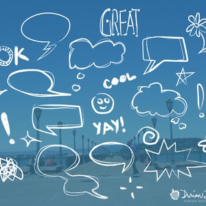 Chalk word bubbles overlay clipart commercial use, sketch thought bubbles, meme, doodles white text, transparent hand drawn instant download