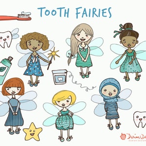 Tooth fairies clipart commercial use, girl fairy, teeth floss toothpaste, kawaii kids, clip art multicultural diversity instant download