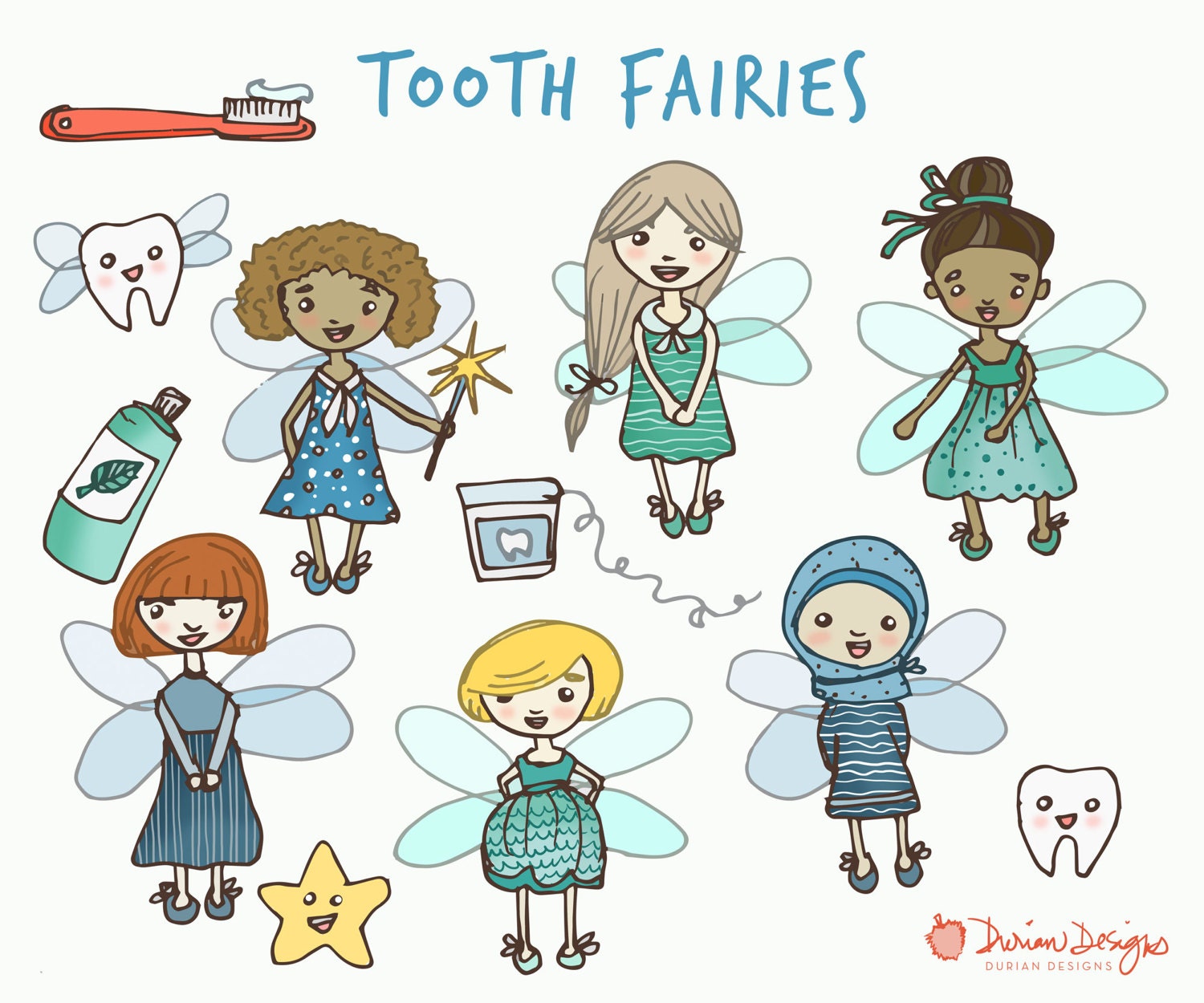 Tooth fairies clipart commercial use, girl fairy, teeth floss toothpaste, kawaii kids, clip art multicultural diversity instant download