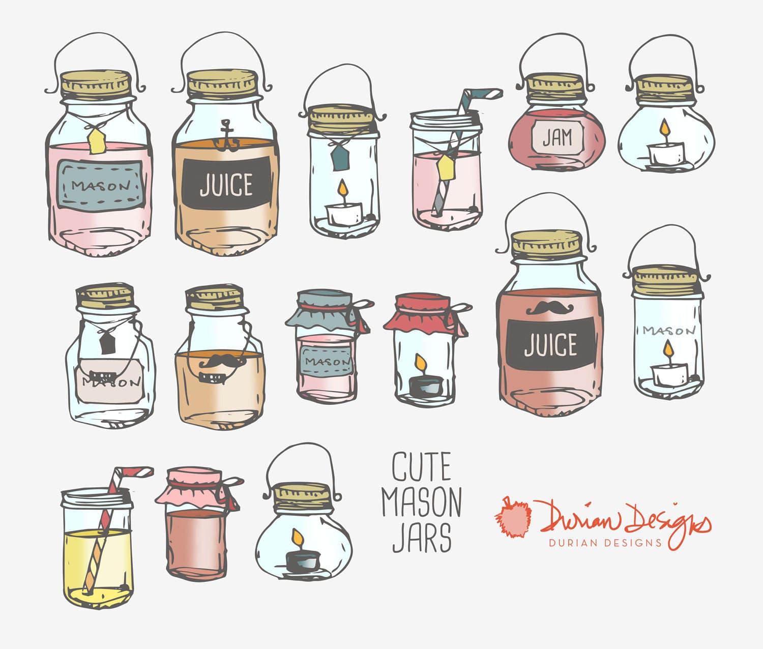 Mason Jars Clipart Commercial Use, Glass Jar Juice Containers Food Jam