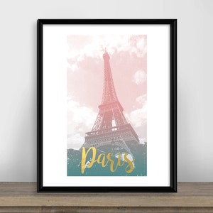 Eiffel Tower printable wall art, Eiffel Tower print, Paris pink and teal digital poster, multiple sizes, instant download