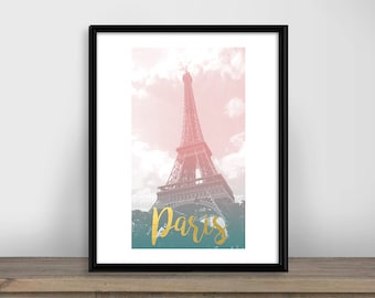 Eiffelturm druckbare Wandkunst, Eiffelturm Print, Paris pink und Petrol / digitale Poster, mehrere Größen, sofort-download