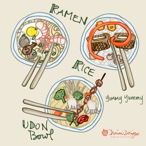May include: A hand-drawn illustration of three bowls of food with chopsticks. The bowls are labelled "Ramen", "Rice", and "Udon Bowl". The bowls contain various ingredients, including noodles, rice, vegetables, and meat. The text "Yummy Yummy" is written above the bowl labelled "Rice".