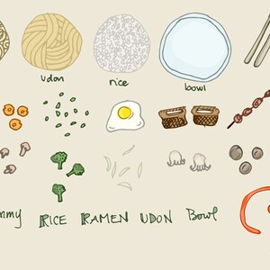 May include: A hand-drawn illustration of a bowl of ramen with various ingredients, including noodles, prawns, mushrooms, broccoli, and an egg. The illustration also includes separate images of the ingredients, such as rice, udon noodles, and a bowl.
