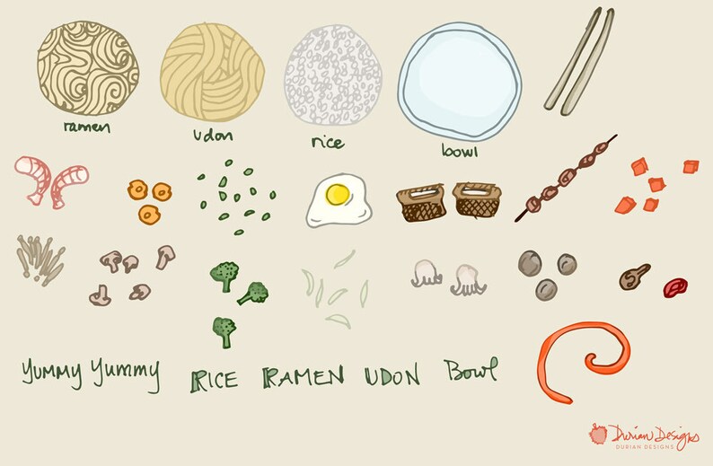 May include: A hand-drawn illustration of a bowl of ramen with various ingredients, including noodles, prawns, mushrooms, broccoli, and an egg. The illustration also includes separate images of the ingredients, such as rice, udon noodles, and a bowl.