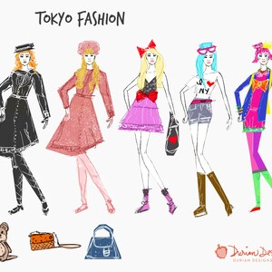 May include: Illustration of five women in different outfits, with the text "TOKYO FASHION" at the top. The women are wearing a variety of styles, including a black coat, a pink dress, a pink skirt, a white t-shirt with a red heart and the letters "I NY", and a blue jacket with a pink shirt. The illustration is in a cartoon style and features bright colors.