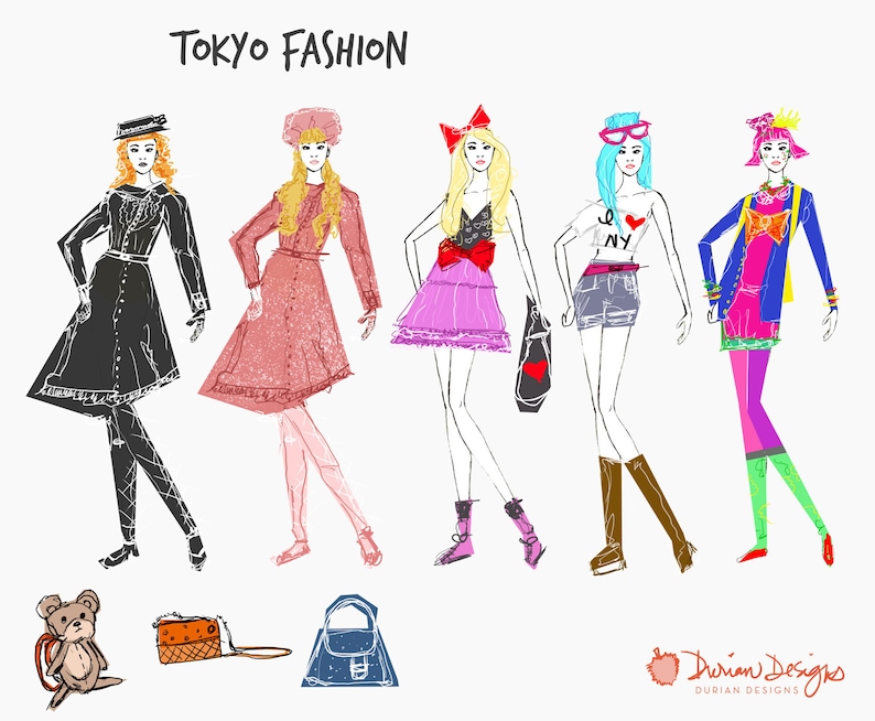 May include: Illustration of five women in different outfits, with the text "TOKYO FASHION" at the top. The women are wearing a variety of styles, including a black coat, a pink dress, a pink skirt, a white t-shirt with a red heart and the letters "I NY", and a blue jacket with a pink shirt. The illustration is in a cartoon style and features bright colors.
