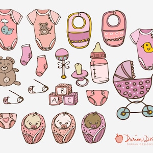 Baby girls clipart commercial use, pink purple bibs onesies multicultural babies diapers bottle milk teddy bear booties instant download