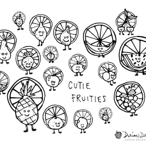 Cute Fruits smiley face clipart, commercial use, B&W outline kawaii, watermelon, pineapple, apple, blueberry fruit clip art instant download