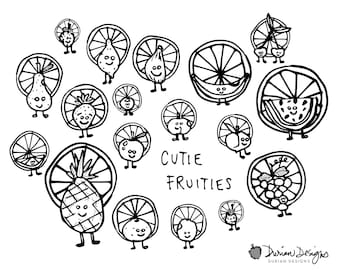 Cute Fruits smiley face clipart, commercial use, B&W outline kawaii, watermelon, pineapple, apple, blueberry fruit clip art instant download