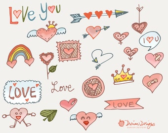 Te KOOP schattige roze harten doodles clipart commercieel gebruik, Valentijnsdag regenbogen en liefde, kroon, wolken, regenbogen, pijlen, instant download