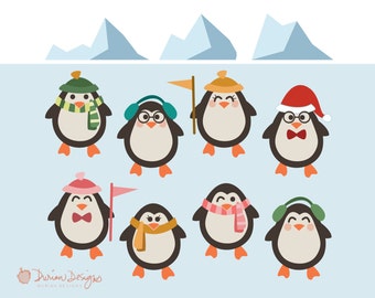Winter Penguins illustraties commerciële gebruik, kerst sneeuw sjaals en hoeden clipart, artic dieren, vakantie, verjaardag instant download