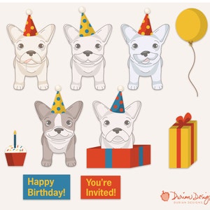 Geburtstag Französisch Bulldogs Clipart kommerzielle Nutzung, Frenchie ClipArt, rot, blau und gelb präsentiert, süße Hunde-Vektor-sofort-download