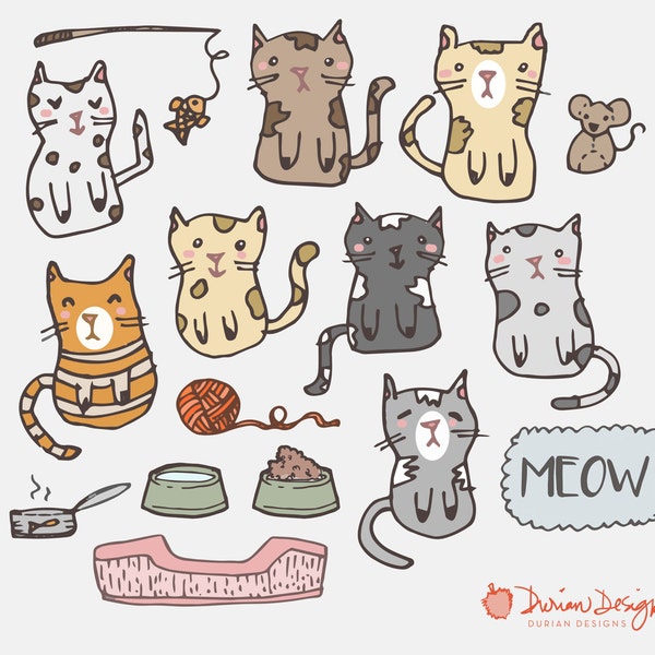 Cute kitties clipart commercial use, kawaii kitties clip art, tabby kitty hand drawn illustration graphics, doodles meow instant download