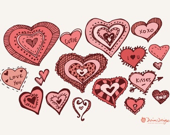 VERKOOP Valentijnsdag harten hand getekend clipart, commercieel gebruik, roze hart illustratie illustratie, liefde, kussen, cutie, instant download