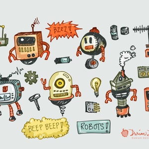 ロボット クリップアートの商用利用、手描きのロボット クリップアート、かわいい、リモコン、機械の落書き、テクノロジー キッズの即時ダウンロード