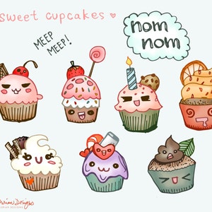 Carino Cupcakes clipart commerciale utilizzare, clipart kawaii dessert, torta, dolci, glassa, crema di burro, cioccolato, pasticceria istantanea download