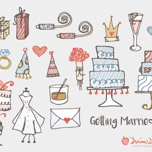Carino matrimonio e fidanzamento clipart commerciale uso, anello vestito torta regali fiore bouquet clip art sposa champagne sposo download immediato