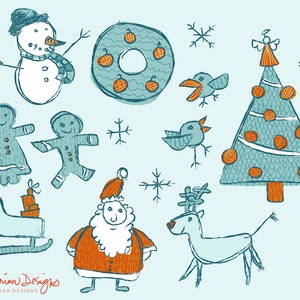 May include: A set of Christmas-themed illustrations featuring a snowman, gingerbread people, a Christmas tree, a reindeer, Santa Claus, and a wreath. The illustrations are drawn in a whimsical style with a blue and orange color scheme.