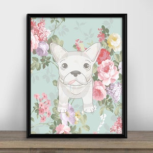 French Bulldog floral printable wall art, Frenchie print, flowers pink and blue digital poster, multiple sizes, instant download