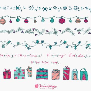 Christmas borders and garlands clipart commercial use, Christmas presents clip art, pine branches, ornaments, instant download