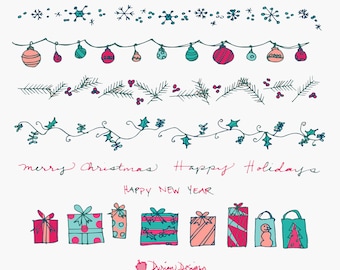 Christmas borders and garlands clipart commercial use, Christmas presents clip art, pine branches, ornaments, instant download