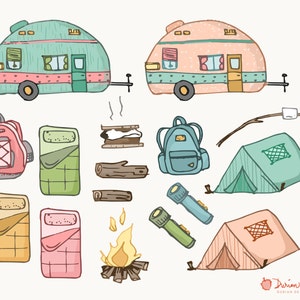 Camping clipart commercial use, trailer motorhome fire s&#39;mores tent flashlight sleeping bags backpacks nature outdoor instant download