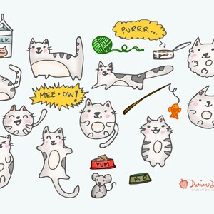 Cute cat clipart commercial use, kawaii kitties clip art, yarn ball hand drawn illustration graphics, kitty doodle instant download