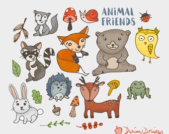 Woodland creatures clipart commercial use, frog animals fox rabbit squirrel woods hedgehog raccoon owl squirrel clip art, instant download