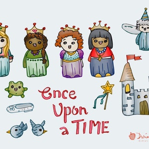 Fairy tale Princess clipart commercial use, multicultural, castle fairy godmother clip art, birds, frog, glass slipper, instant download